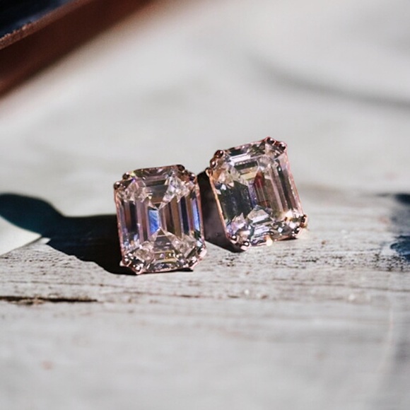 NEW Solid 925 Sterling Silver Prong Set Emerald Cut High Carbon Sparkling Studs - Picture 4 of 16